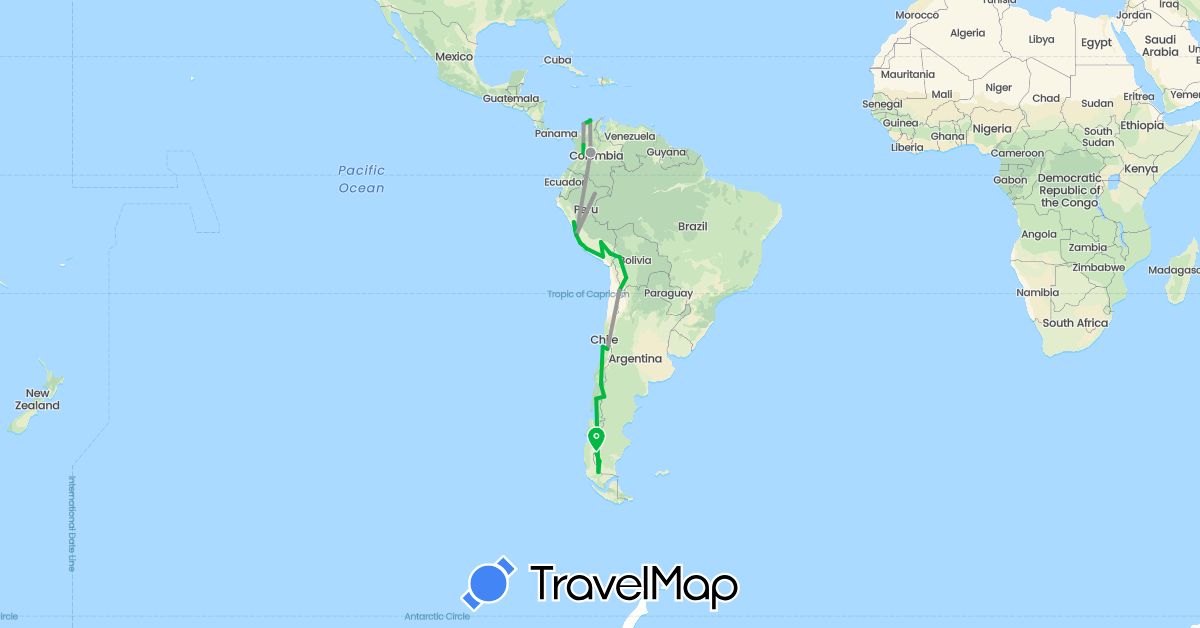 TravelMap itinerary: driving, bus, plane in Argentina, Bolivia, Chile, Colombia, Peru (South America)